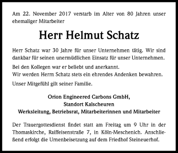 Anzeige von Helmut Schatz von Kölner Stadt-Anzeiger / Kölnische Rundschau / Express