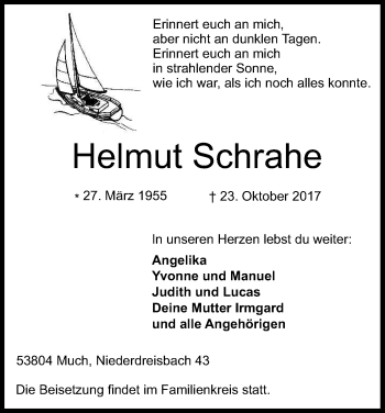 Anzeige von Helmut Schrahe von Kölner Stadt-Anzeiger / Kölnische Rundschau / Express