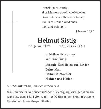 Anzeige von Helmut Sistig von  Blickpunkt Euskirchen 