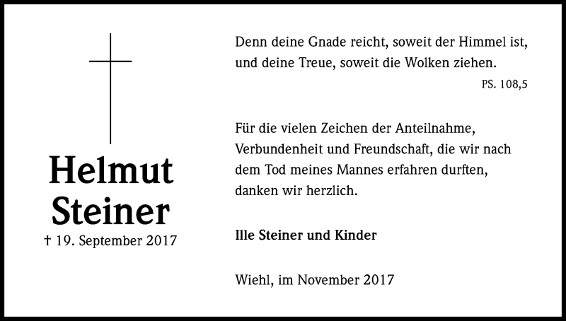  Traueranzeige für Helmut Steiner vom 11.11.2017 aus Kölner Stadt-Anzeiger / Kölnische Rundschau / Express