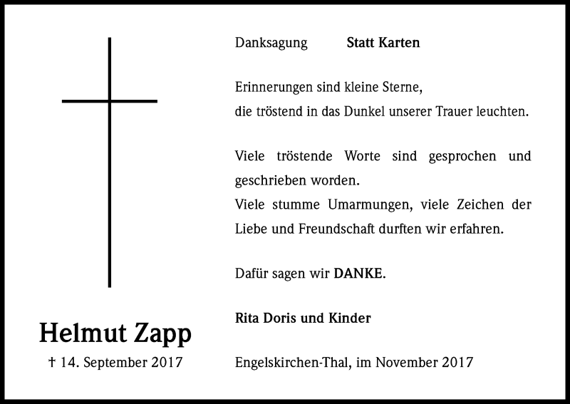  Traueranzeige für Helmut Zapp vom 17.11.2017 aus Kölner Stadt-Anzeiger / Kölnische Rundschau / Express