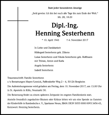 Anzeige von Henning Sesterhenn von Kölner Stadt-Anzeiger / Kölnische Rundschau / Express