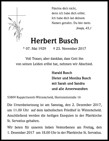 Anzeige von Herbert Busch von Kölner Stadt-Anzeiger / Kölnische Rundschau / Express