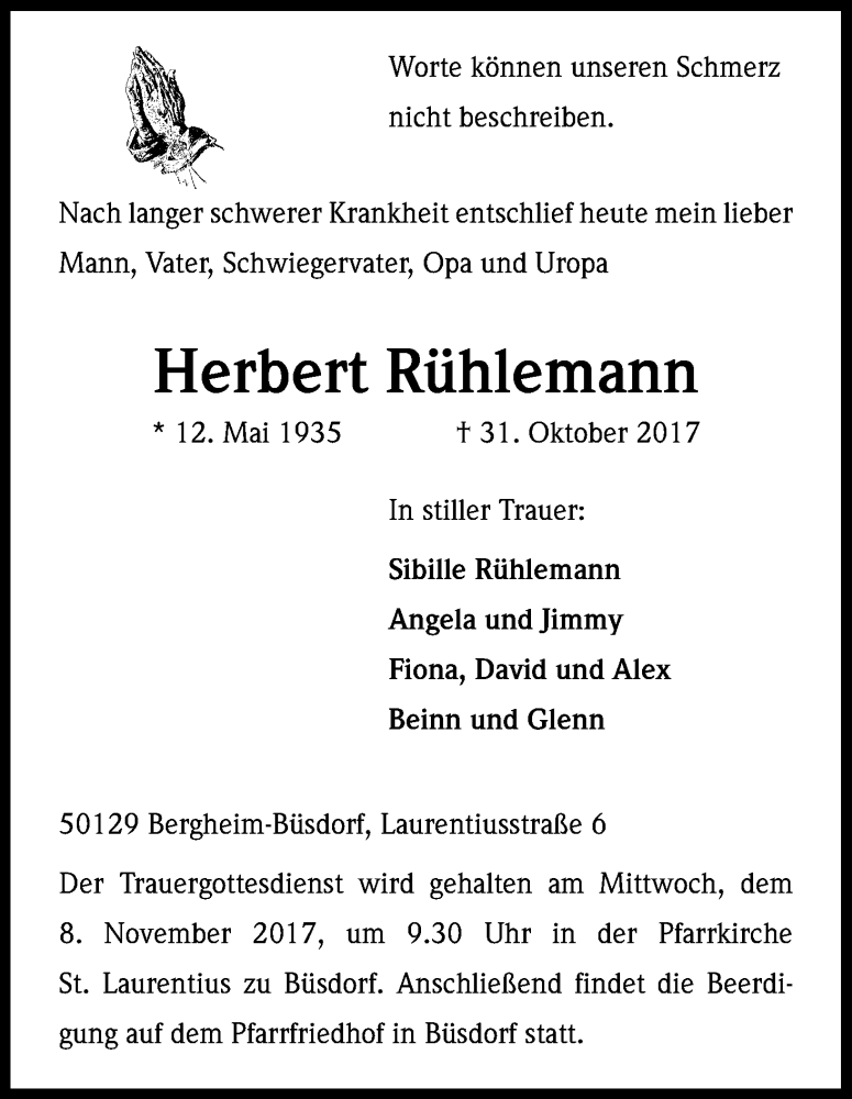  Traueranzeige für Herbert Rühlemann vom 07.11.2017 aus Kölner Stadt-Anzeiger / Kölnische Rundschau / Express