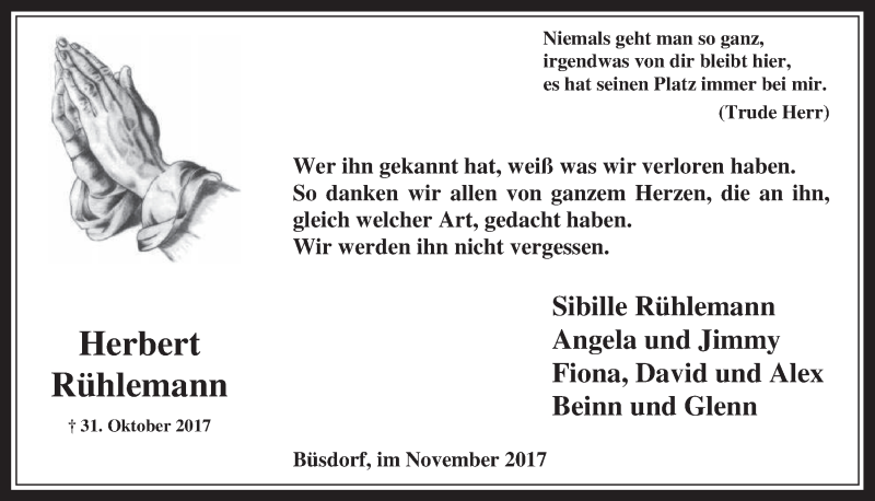  Traueranzeige für Herbert Rühlemann vom 29.11.2017 aus  Werbepost 