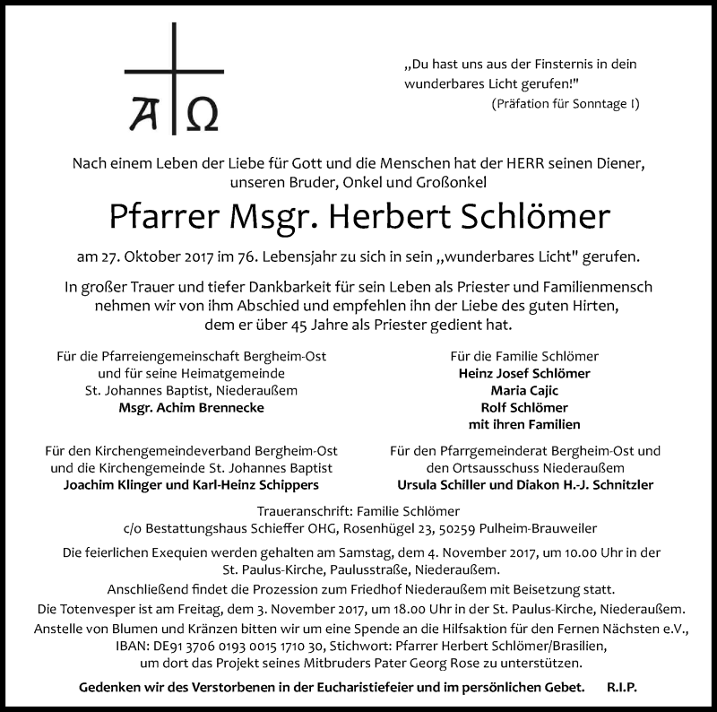  Traueranzeige für Herbert Schlömer vom 02.11.2017 aus Kölner Stadt-Anzeiger / Kölnische Rundschau / Express