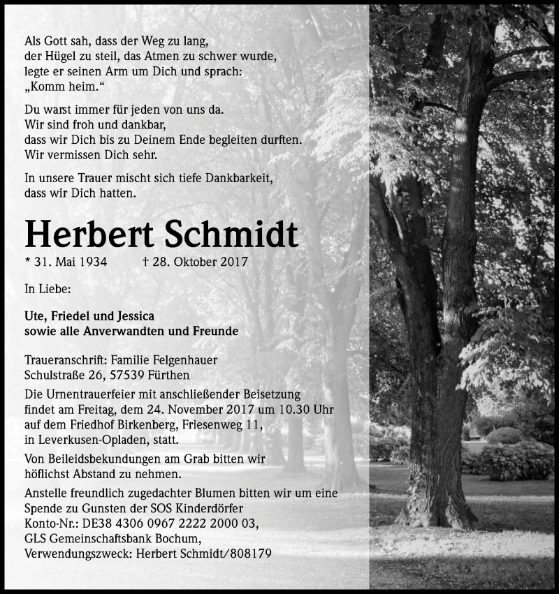  Traueranzeige für Herbert Schmidt vom 11.11.2017 aus Kölner Stadt-Anzeiger / Kölnische Rundschau / Express