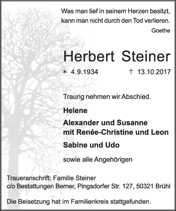 Anzeige von Herbert Steiner von  Schlossbote/Werbekurier 