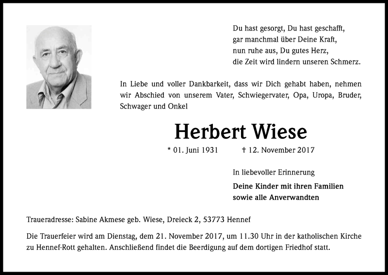  Traueranzeige für Herbert Wiese vom 18.11.2017 aus Kölner Stadt-Anzeiger / Kölnische Rundschau / Express
