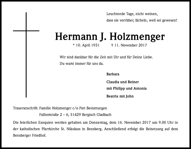  Traueranzeige für Hermann  Holzmenger vom 14.11.2017 aus Kölner Stadt-Anzeiger / Kölnische Rundschau / Express