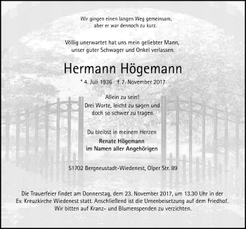 Anzeige von Hermann Högemann von  Anzeigen Echo 