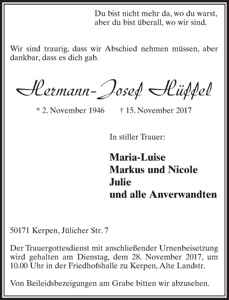  Traueranzeige für Hermann-Josef Hüffel vom 25.11.2017 aus  Sonntags-Post 