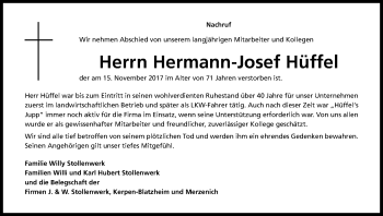 Anzeige von Hermann-Josef Hüffel von Kölner Stadt-Anzeiger / Kölnische Rundschau / Express