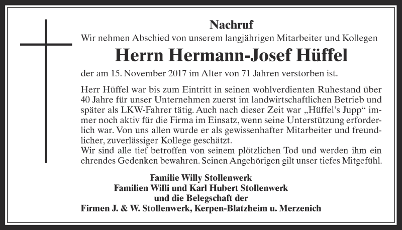 Traueranzeige für Hermann-Josef Hüffel vom 25.11.2017 aus  Sonntags-Post 