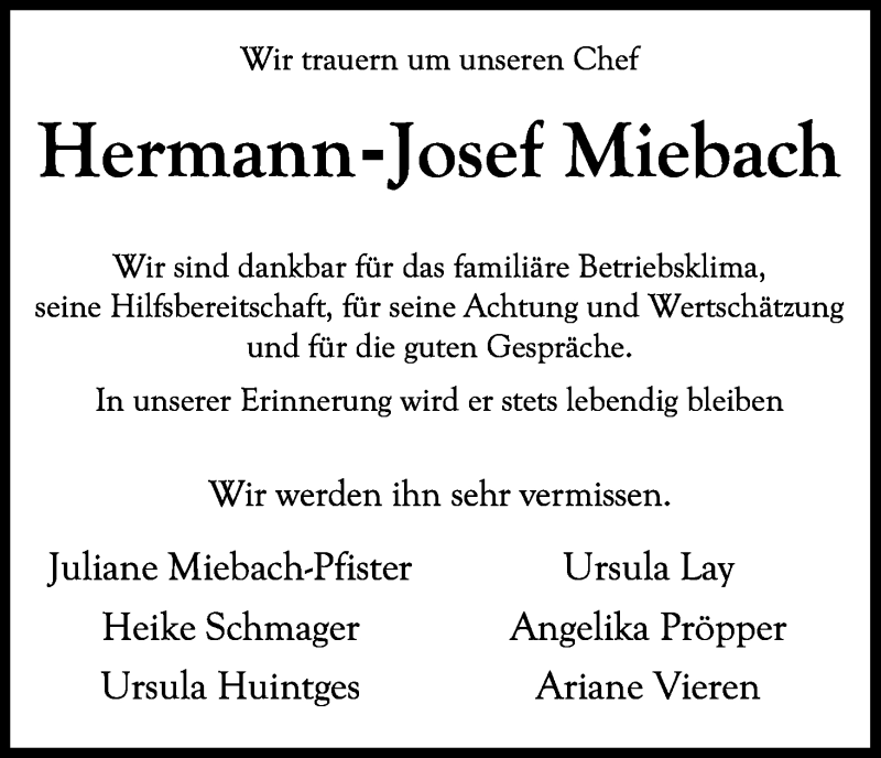  Traueranzeige für Hermann-Josef Miebach vom 04.11.2017 aus Kölner Stadt-Anzeiger / Kölnische Rundschau / Express