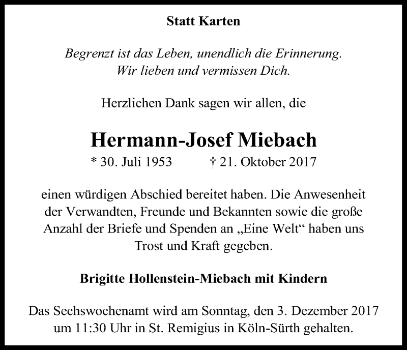  Traueranzeige für Hermann-Josef Miebach vom 25.11.2017 aus Kölner Stadt-Anzeiger / Kölnische Rundschau / Express