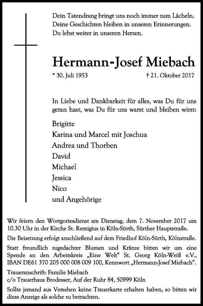  Traueranzeige für Hermann-Josef Miebach vom 04.11.2017 aus Kölner Stadt-Anzeiger / Kölnische Rundschau / Express