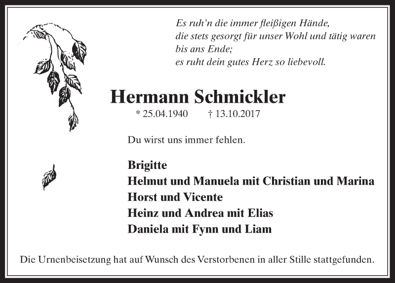  Traueranzeige für Hermann Schmickler vom 15.11.2017 aus  Schaufenster/Blickpunkt 