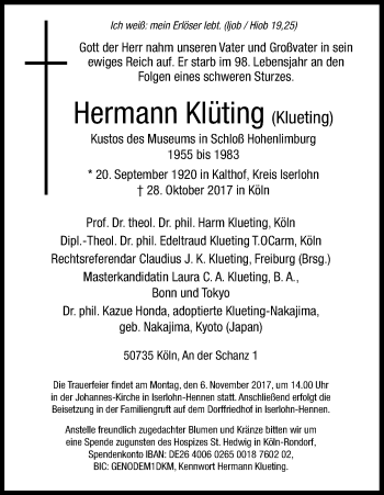 Anzeige von Hermann Klüting Klueting von Kölner Stadt-Anzeiger / Kölnische Rundschau / Express