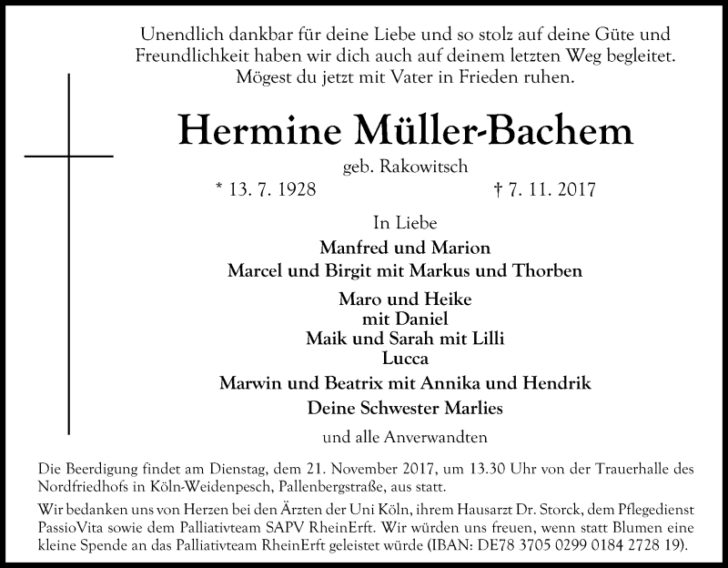  Traueranzeige für Hermine Müller-Bachem vom 15.11.2017 aus Kölner Stadt-Anzeiger / Kölnische Rundschau / Express