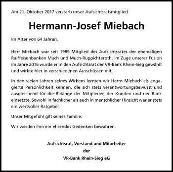 Anzeige von Herrmann-Josef Miebach von Kölner Stadt-Anzeiger / Kölnische Rundschau / Express