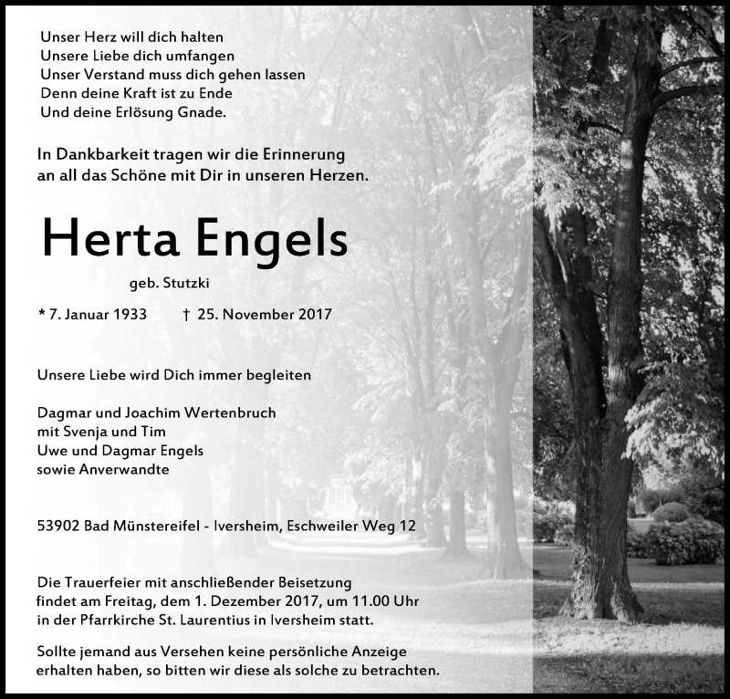  Traueranzeige für Herta Engels vom 29.11.2017 aus Kölner Stadt-Anzeiger / Kölnische Rundschau / Express