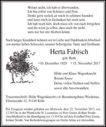 Anzeige von Herta Fabisch 