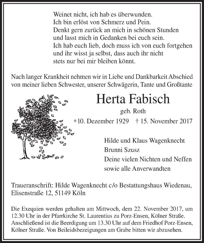  Traueranzeige für Herta Fabisch vom 18.11.2017 aus 