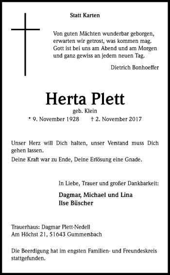 Anzeige von Herta Plett von Kölner Stadt-Anzeiger / Kölnische Rundschau / Express