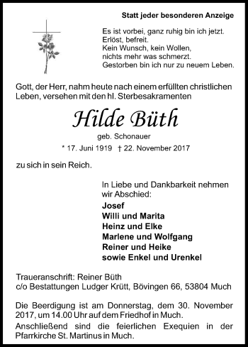 Anzeige von Hilde Büth von Kölner Stadt-Anzeiger / Kölnische Rundschau / Express