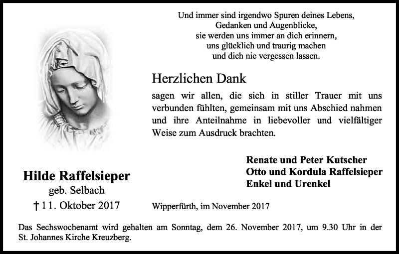  Traueranzeige für Hilde Raffelsieper vom 18.11.2017 aus Kölner Stadt-Anzeiger / Kölnische Rundschau / Express