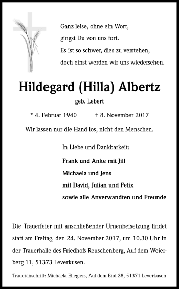 Anzeige von Hildegard Albertz von Kölner Stadt-Anzeiger / Kölnische Rundschau / Express