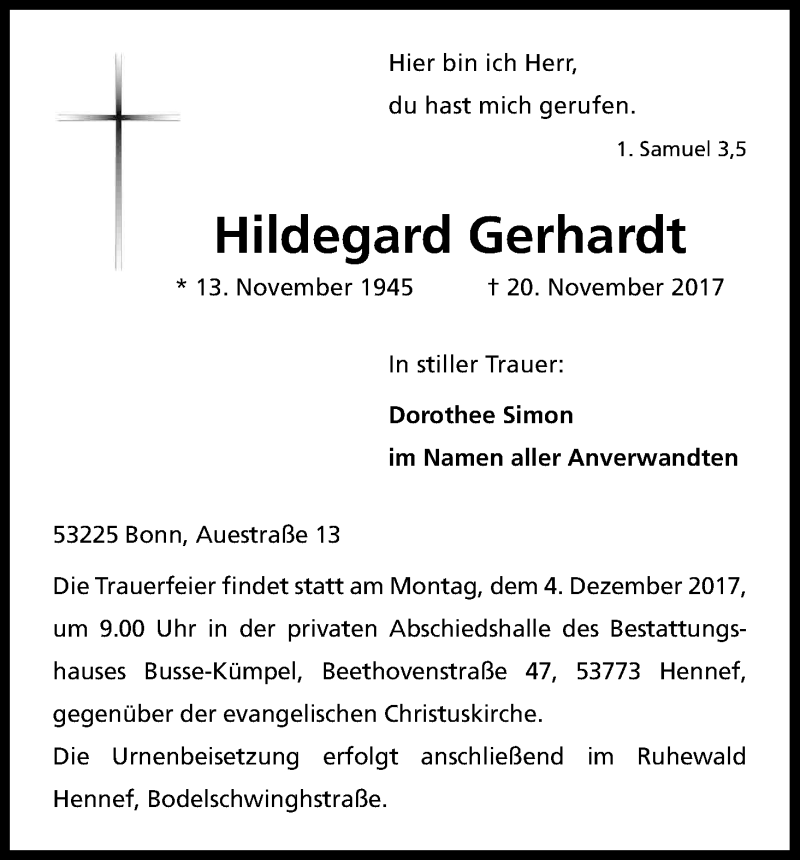  Traueranzeige für Hildegard Gerhardt vom 30.11.2017 aus Kölner Stadt-Anzeiger / Kölnische Rundschau / Express