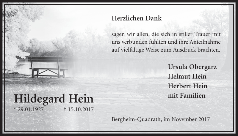  Traueranzeige für Hildegard Hein vom 18.11.2017 aus  Sonntags-Post 