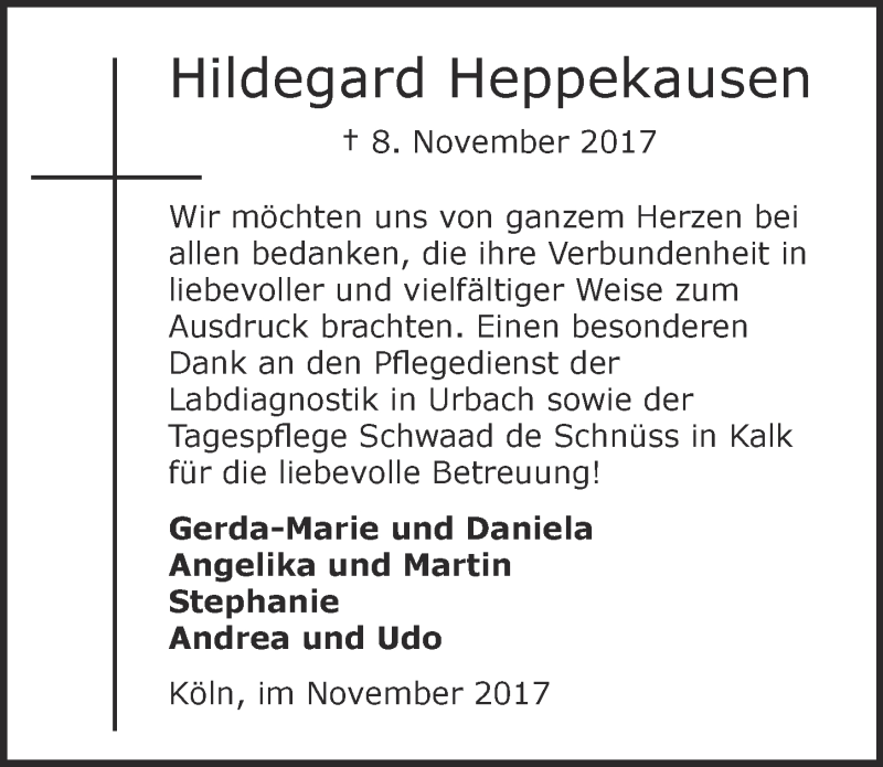  Traueranzeige für Hildegard Heppekausen vom 29.11.2017 aus  Kölner Wochenspiegel 
