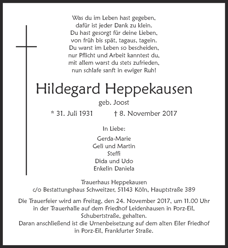 Traueranzeige für Hildegard Heppekausen vom 15.11.2017 aus  Kölner Wochenspiegel 