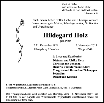 Anzeige von Hildegard Holz von Kölner Stadt-Anzeiger / Kölnische Rundschau / Express
