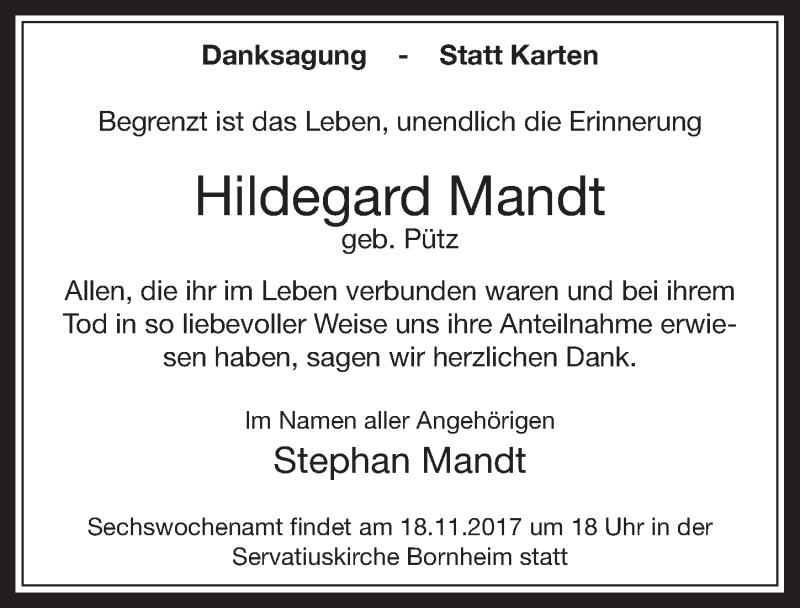  Traueranzeige für Hildegard Mandt vom 15.11.2017 aus  Schaufenster/Blickpunkt 
