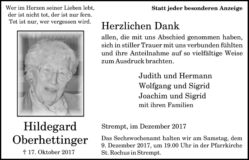  Traueranzeige für Hildegard Oberhettinger vom 11.11.2017 aus  Blickpunkt Euskirchen 