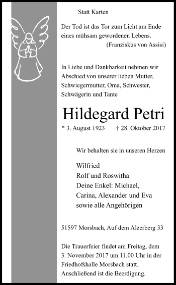 Anzeige von Hildegard Petri von Kölner Stadt-Anzeiger / Kölnische Rundschau / Express