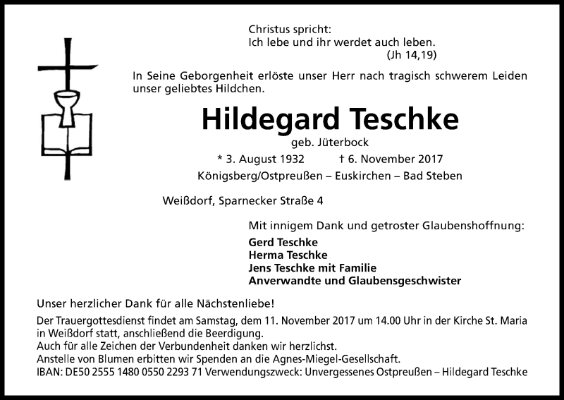  Traueranzeige für Hildegard Teschke vom 08.11.2017 aus Kölner Stadt-Anzeiger / Kölnische Rundschau / Express