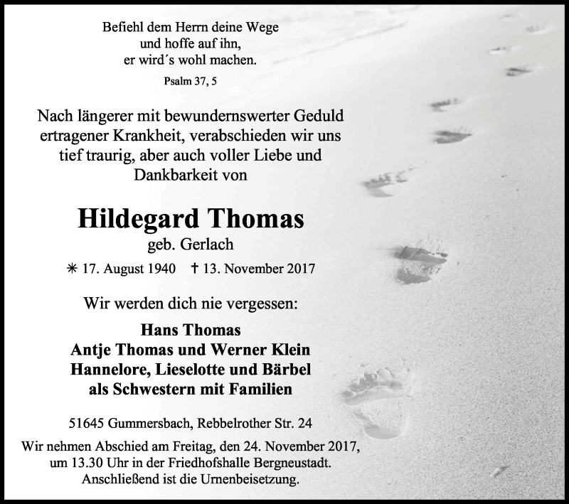  Traueranzeige für Hildegard Thomas vom 18.11.2017 aus Kölner Stadt-Anzeiger / Kölnische Rundschau / Express