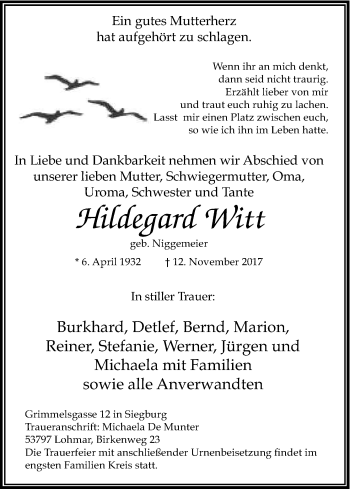 Anzeige von Hildegard Witt von Kölner Stadt-Anzeiger / Kölnische Rundschau / Express