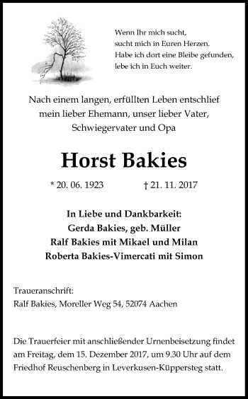 Anzeige von Horst Bakies von Kölner Stadt-Anzeiger / Kölnische Rundschau / Express
