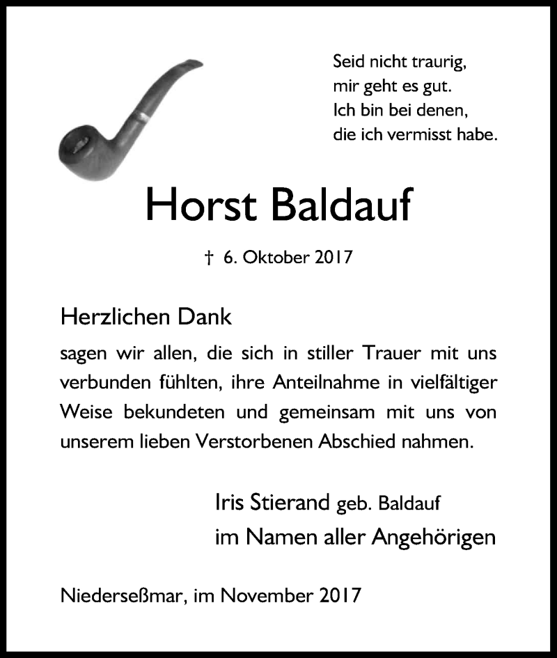  Traueranzeige für Horst Baldauf vom 11.11.2017 aus Kölner Stadt-Anzeiger / Kölnische Rundschau / Express