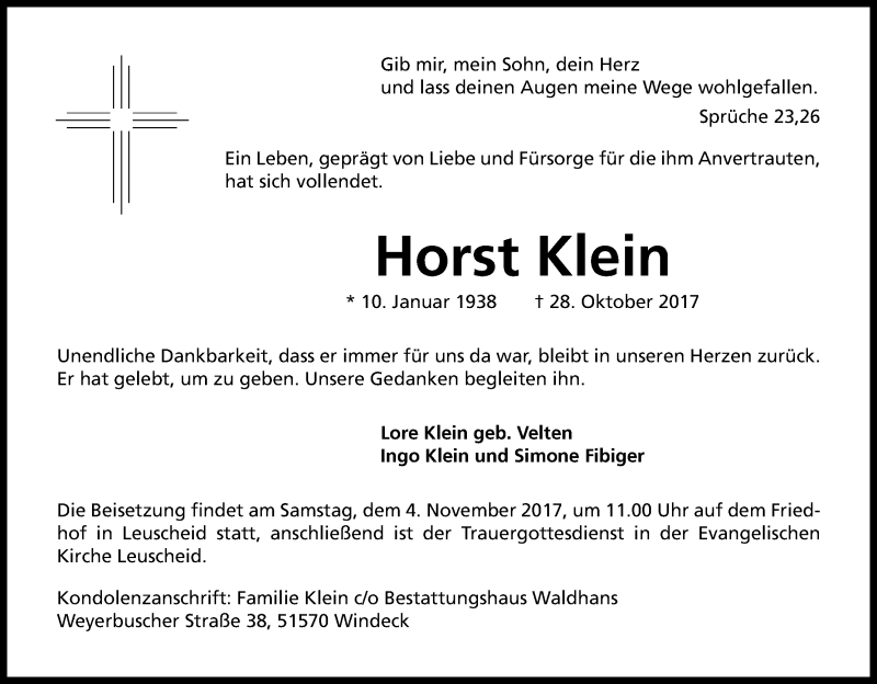  Traueranzeige für Horst Klein vom 02.11.2017 aus Kölner Stadt-Anzeiger / Kölnische Rundschau / Express