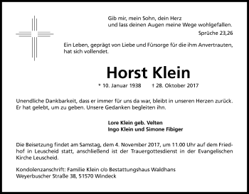 Anzeige von Horst Klein von Kölner Stadt-Anzeiger / Kölnische Rundschau / Express