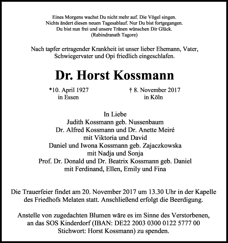  Traueranzeige für Horst  Kossmann vom 15.11.2017 aus Kölner Stadt-Anzeiger / Kölnische Rundschau / Express