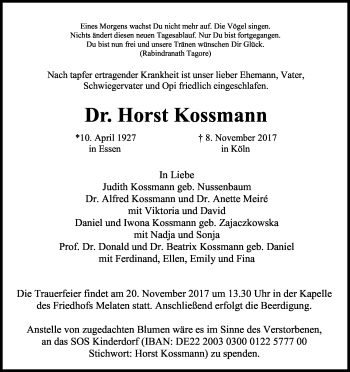 Anzeige von Horst  Kossmann von Kölner Stadt-Anzeiger / Kölnische Rundschau / Express