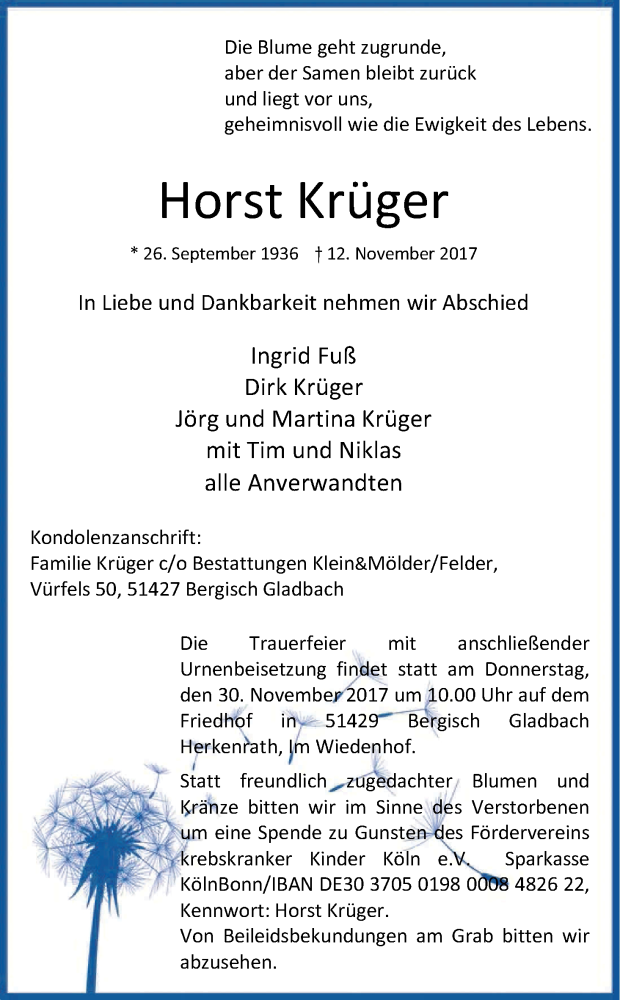  Traueranzeige für Horst Krüger vom 25.11.2017 aus Kölner Stadt-Anzeiger / Kölnische Rundschau / Express
